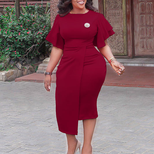 Women's Summer New Solid Color High Waist Temperament Commuter Ruffle Sleeve Dress