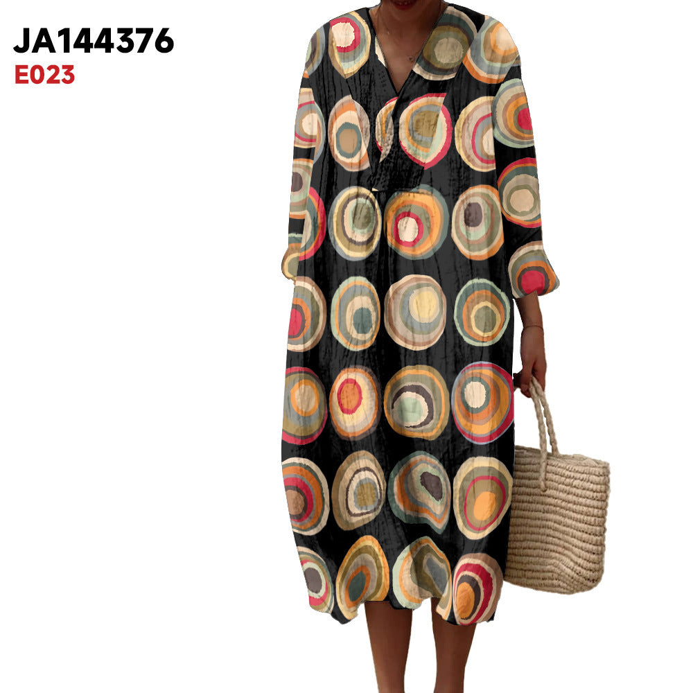 Women's Spring And Summer New Digital Printing Large Width V-neck Long-sleeve Dress