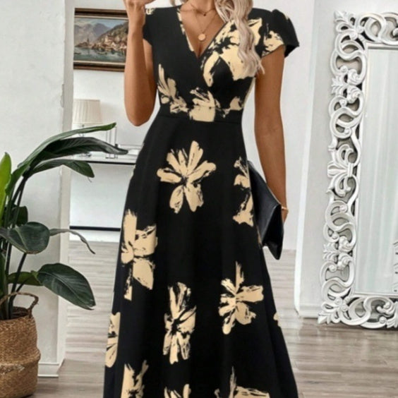 Summer Fashion Elegant V-neck Printed Ruffled Short Sleeves Dress Long Dress For Women