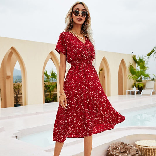 Summer Polka Dot Short Sleeve Waist-tight Dress