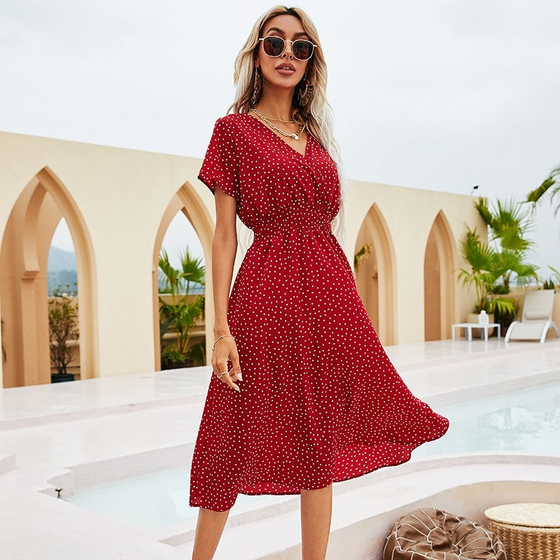 Summer Polka Dot Short Sleeve Waist-tight Dress