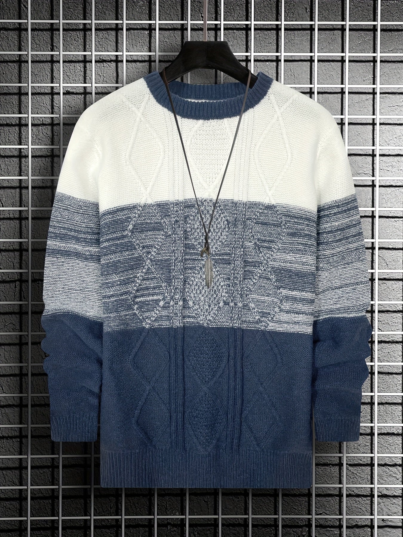 All Match Knitted Argyle Color Block Sweater, Men's Casual Warm Slightly Stretch Crew Neck Pullover Sweater For Men Fall Winter