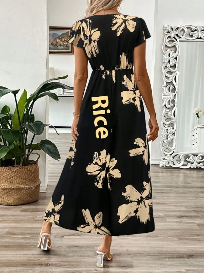 Summer Fashion Elegant V-neck Printed Ruffled Short Sleeves Dress Long Dress For Women