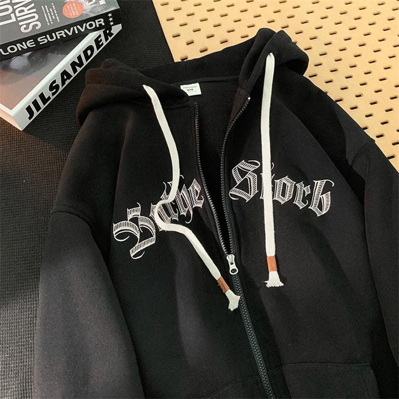 Hooded Cardigan Sweater Male Letter Embroidered Jacket