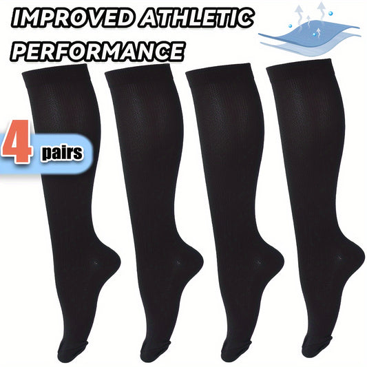 4 Pairs of Ultra-Comfortable Compression Socks - Compression for Women and Men - 15-20mmHg Graduated Support, Over the Calf Design for Maximum Comfort, Ideal for Runners, Nurses, Travelers, and Post-Workout Recovery