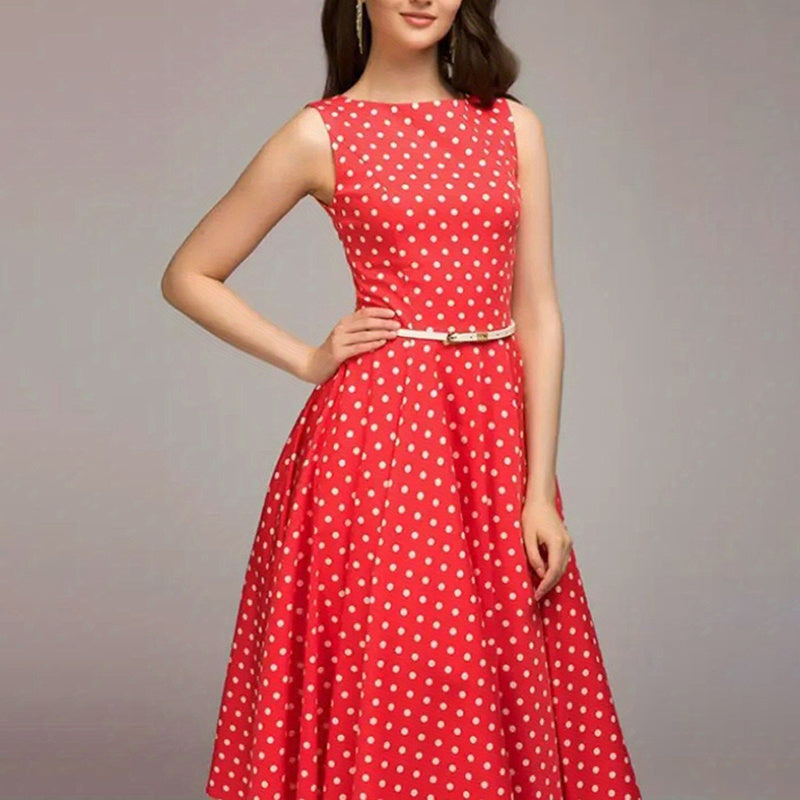 Women's Vintage Polka Dot Sleeveless Dress O-Neck Summer Cocktail Party Dress