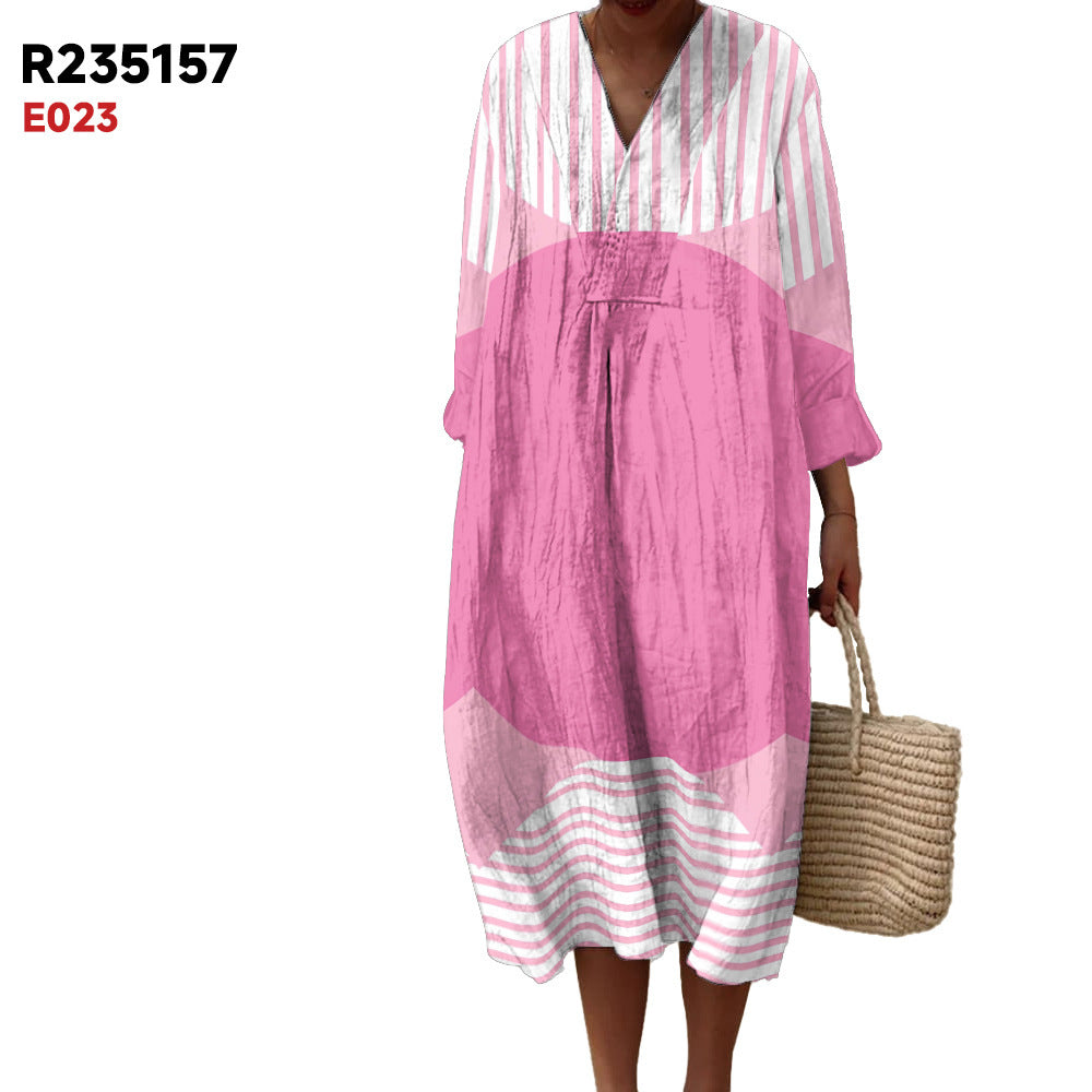 Women's Spring And Summer New Digital Printing Large Width V-neck Long-sleeve Dress