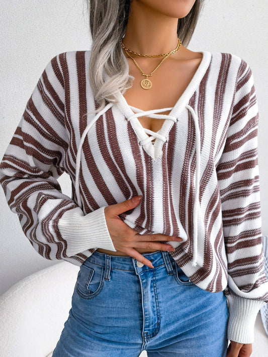 Women's Sweater Lantern Sleeve Striped V-neck Lace Up Pullover Sweater