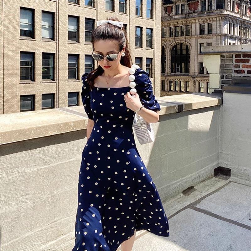French Blue Polka Dots Dress Women's Summer New