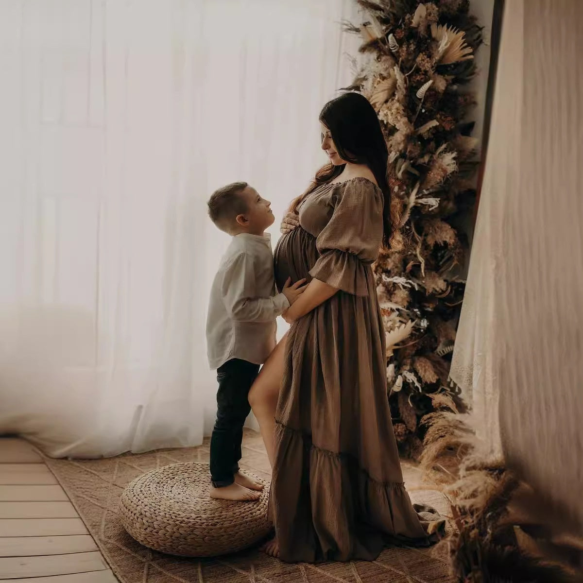 Women's Button Puff Sleeve Mop Dress