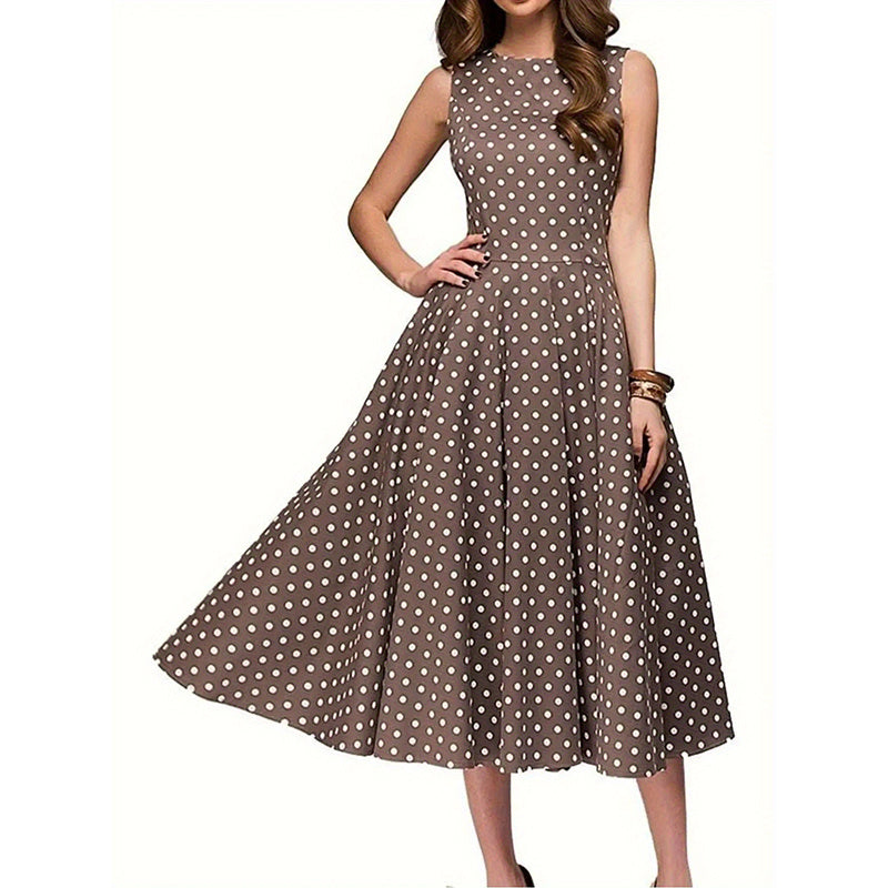 Women's Vintage Polka Dot Sleeveless Dress O-Neck Summer Cocktail Party Dress